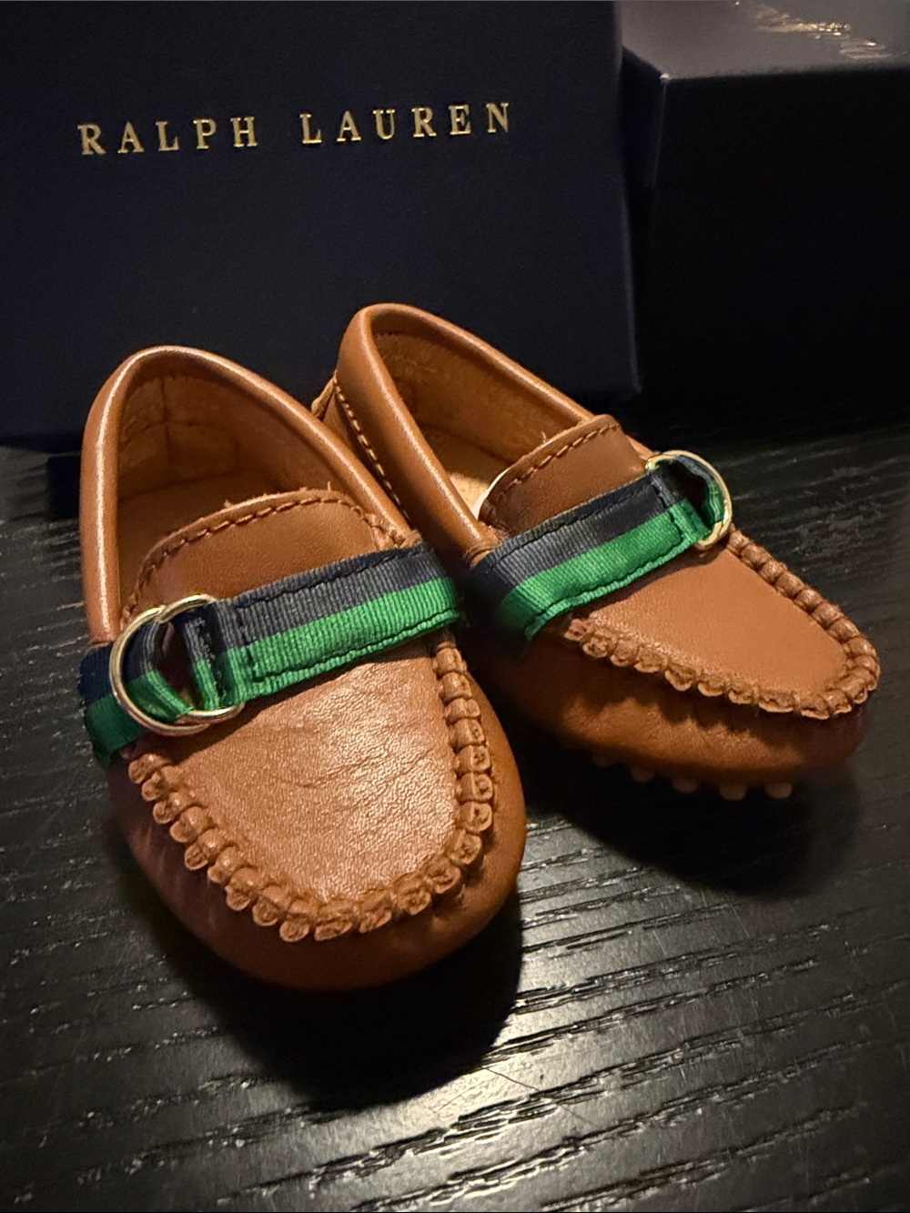 Ralph Lauren Brown Leather Kids Moccasins with Green-Striped Fabric Strap